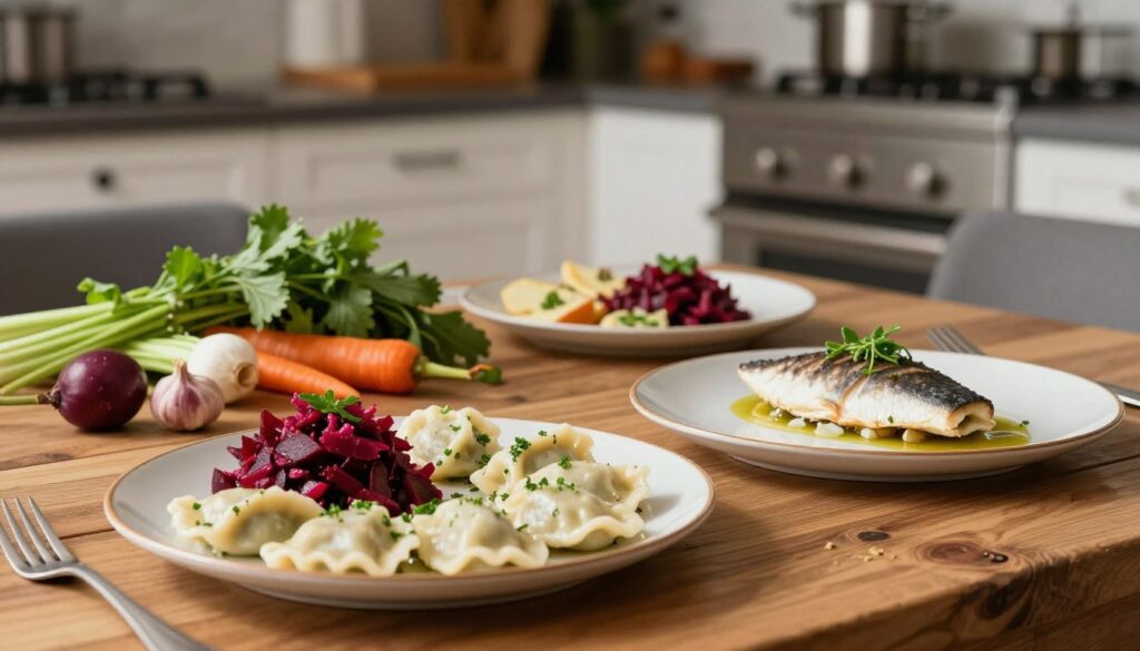 A beautifully arranged table showcasing modern Polish cuisine, featuring vibrant dishes inspired by traditional recipes. In the foreground, a plate of elegant pierogi garnished with fresh herbs, alongside a colorful beetroot salad and a delicate fish dish, artfully presented. The middle ground reveals a rustic wooden table adorned with seasonal ingredients like fresh vegetables and herbs, adding a touch of authenticity. Soft, warm lighting creates an inviting atmosphere, highlighting the textures of the food. In the background, blurred out, is a stylish, contemporary kitchen setting with hints of Polish design elements. The overall mood is one of culinary innovation and tradition blending harmoniously, inviting viewers to appreciate modern Polish gastronomy. A beautifully arranged table showcasing modern Polish cuisine, featuring vibrant dishes inspired by traditional recipes. In the foreground, a plate of elegant pierogi garnished with fresh herbs, alongside a colorful beetroot salad and a delicate fish dish, artfully presented. The middle ground reveals a rustic wooden table adorned with seasonal ingredients like fresh vegetables and herbs, adding a touch of authenticity. Soft, warm lighting creates an inviting atmosphere, highlighting the textures of the food. In the background, blurred out, is a stylish, contemporary kitchen setting with hints of Polish design elements. The overall mood is one of culinary innovation and tradition blending harmoniously, inviting viewers to appreciate modern Polish gastronomy.
