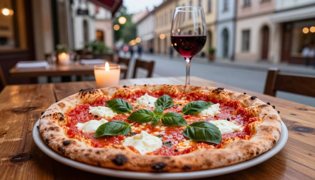 A beautifully crafted Neapolitan pizza sits prominently in the foreground, its thin, charred crust topped with vibrant red tomato sauce, fresh mozzarella cheese, and a scattering of bright basil leaves. The warm, golden crust contrasts with the rich colors of the toppings, inviting a sense of mouthwatering anticipation. In the middle ground, a rustic wooden table adds a touch of warmth with a flickering candle and a glass of red wine, enhancing the Italian dining experience. The background features a softly blurred view of a charming Częstochowa street, with quaint buildings and subtle evening lighting that evokes a cozy atmosphere. The image is illuminated by soft, natural light, capturing the savory details of the pizza and creating an inviting, warm ambiance perfect for a culinary experience. A beautifully crafted Neapolitan pizza sits prominently in the foreground, its thin, charred crust topped with vibrant red tomato sauce, fresh mozzarella cheese, and a scattering of bright basil leaves. The warm, golden crust contrasts with the rich colors of the toppings, inviting a sense of mouthwatering anticipation. In the middle ground, a rustic wooden table adds a touch of warmth with a flickering candle and a glass of red wine, enhancing the Italian dining experience. The background features a softly blurred view of a charming Częstochowa street, with quaint buildings and subtle evening lighting that evokes a cozy atmosphere. The image is illuminated by soft, natural light, capturing the savory details of the pizza and creating an inviting, warm ambiance perfect for a culinary experience.