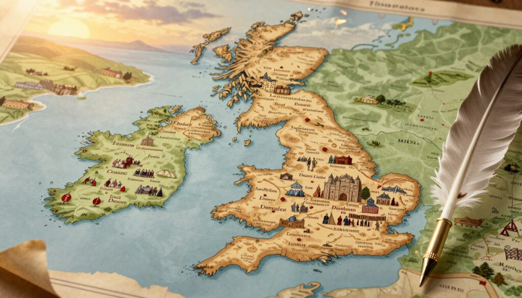 A beautifully illustrated historical map of the United Kingdom and Ireland, showcasing significant landmarks, ancient castles, and historic cities like London, Dublin, and Edinburgh. In the foreground, include interactive elements like a quill pen and parchment, symbolizing the written history. The middle ground features key historical events depicted as small scenes, such as the signing of important treaties or significant battles, with character figures dressed in period-appropriate clothing. The background portrays rolling hills and coastal landscapes, emphasizing the geographical features of Britain and Ireland. The lighting is warm and inviting, reminiscent of a sunset, casting a golden hue over the landscape. The overall mood should be nostalgic and reflective, inviting viewers to explore the rich history of the region. A beautifully illustrated historical map of the United Kingdom and Ireland, showcasing significant landmarks, ancient castles, and historic cities like London, Dublin, and Edinburgh. In the foreground, include interactive elements like a quill pen and parchment, symbolizing the written history. The middle ground features key historical events depicted as small scenes, such as the signing of important treaties or significant battles, with character figures dressed in period-appropriate clothing. The background portrays rolling hills and coastal landscapes, emphasizing the geographical features of Britain and Ireland. The lighting is warm and inviting, reminiscent of a sunset, casting a golden hue over the landscape. The overall mood should be nostalgic and reflective, inviting viewers to explore the rich history of the region.