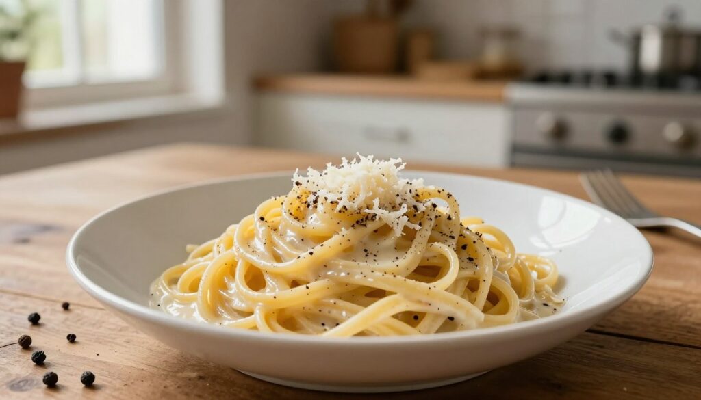 A beautifully plated dish of cacio e pepe, featuring perfectly cooked spaghetti coated in a glossy, creamy sauce made from Pecorino Romano cheese and freshly cracked black pepper. The foreground showcases the pasta in an elegant ceramic bowl with a rustic wooden table underneath. The middle ground includes a light sprinkle of grated cheese on top, with whole peppercorns artistically scattered around. The background features a soft-focus Italian kitchen setting with warm, natural lighting flowing in from a nearby window, creating an inviting atmosphere that highlights the simplicity and authenticity of the dish. The scene conveys a sense of cozy Italian dining, emphasizing the beauty of this classic Roman dish.
