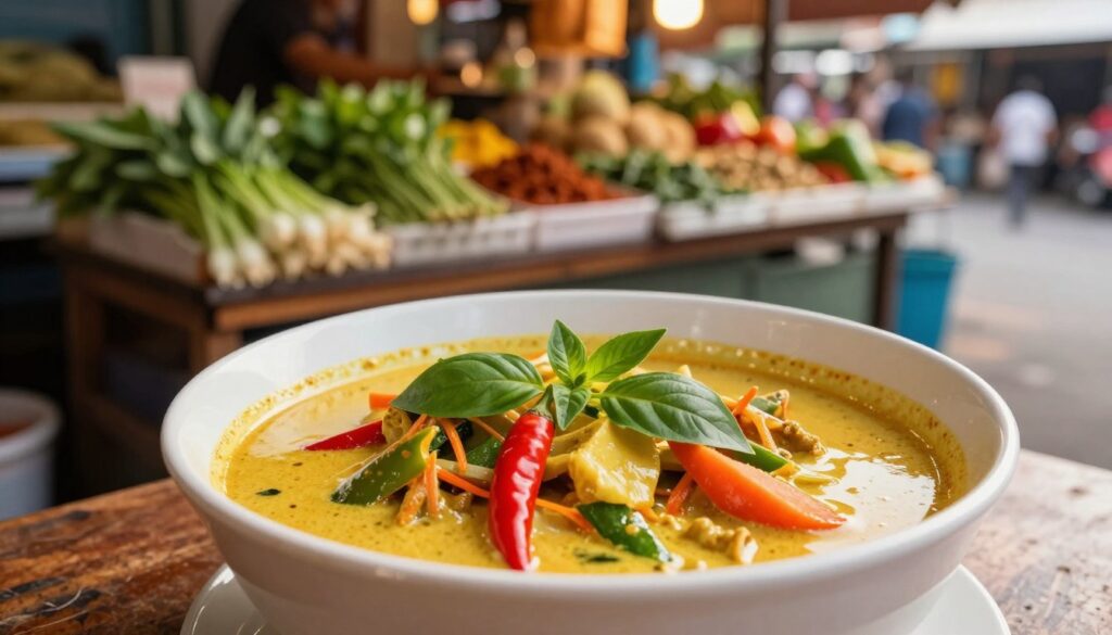 A beautifully presented bowl of Thai curry, showcasing vibrant colors and textures, set as the main focus in the foreground. The curry features a rich, creamy consistency with fresh basil leaves, red and green chilies, and chunks of vegetables like bell peppers and carrots. In the middle ground, a traditional Thai market stall can be seen, with wooden tables displaying fresh herbs and spices, adding to the authenticity. The background includes hints of bustling street life with soft bokeh effects, enhancing the focus on the curry. The lighting is warm and inviting, emulating the golden hour, casting soft shadows to create depth. The overall mood is a fusion of culinary delight and cultural atmosphere, inviting viewers to immerse themselves in the essence of Thai street food. A beautifully presented bowl of Thai curry, showcasing vibrant colors and textures, set as the main focus in the foreground. The curry features a rich, creamy consistency with fresh basil leaves, red and green chilies, and chunks of vegetables like bell peppers and carrots. In the middle ground, a traditional Thai market stall can be seen, with wooden tables displaying fresh herbs and spices, adding to the authenticity. The background includes hints of bustling street life with soft bokeh effects, enhancing the focus on the curry. The lighting is warm and inviting, emulating the golden hour, casting soft shadows to create depth. The overall mood is a fusion of culinary delight and cultural atmosphere, inviting viewers to immerse themselves in the essence of Thai street food.