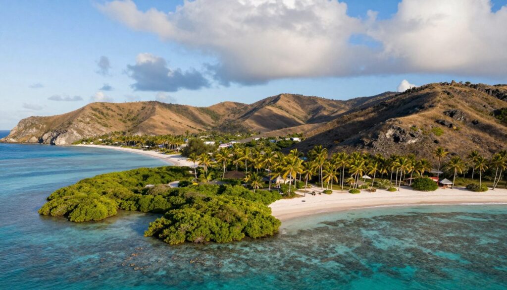 A breathtaking aerial view of the Cayman Islands showcasing their unique geography and terrain. In the foreground, vibrant green mangroves and white sandy beaches meet turquoise waters, dotted with coral reefs. The middle ground features scattered palm trees and gently sloping hills that transition into rocky cliffs, highlighting the diverse topography of the islands. In the background, soft, rolling clouds hover over a bright blue sky, casting delicate shadows on the landscape. The lighting is warm and inviting, evoking a tropical atmosphere, with the sun at a slight angle to create depth and enhance natural colors. This idyllic scene captures the essence of a Caribbean paradise, focusing on the stunning geographical features of the islands. A breathtaking aerial view of the Cayman Islands showcasing their unique geography and terrain. In the foreground, vibrant green mangroves and white sandy beaches meet turquoise waters, dotted with coral reefs. The middle ground features scattered palm trees and gently sloping hills that transition into rocky cliffs, highlighting the diverse topography of the islands. In the background, soft, rolling clouds hover over a bright blue sky, casting delicate shadows on the landscape. The lighting is warm and inviting, evoking a tropical atmosphere, with the sun at a slight angle to create depth and enhance natural colors. This idyllic scene captures the essence of a Caribbean paradise, focusing on the stunning geographical features of the islands.