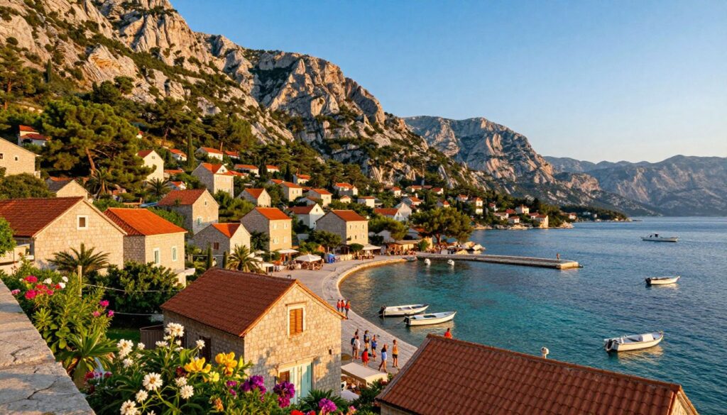 A breathtaking landscape of Southern Dalmatia, showcasing iconic and picturesque locations. In the foreground, a peaceful coastal village with traditional stone houses, lush greenery, and vibrant flowers. The middle ground features serene turquoise waters, dotted with small boats and a charming harbor bustling with people in modest casual clothing, enjoying the sun. In the background, dramatic cliffs rise majestically, covered in Mediterranean pine trees, while the clear blue sky is illuminated by warm, golden sunlight towards sunset. The atmosphere is tranquil and inviting, evoking a sense of adventure and relaxation, perfect for travelers. The image should capture the essence of Dalmatia’s natural beauty and cultural charm.