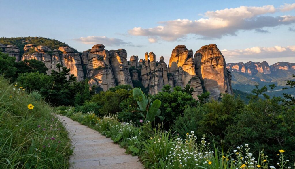 A breathtaking landscape of Table Mountains National Park, showcasing its unique rock formations and lush green forests. In the foreground, display a serene pathway lined with wildflowers, leading into the heart of the park. The middle ground captures the imposing sandstone cliffs, their characteristic table-like tops illuminated by the soft, golden light of the setting sun. In the background, a panoramic view of the mountains extends into a blue sky scattered with soft clouds. The atmosphere is tranquil and inviting, perfect for nature lovers. Capture this scene with a wide-angle lens, emphasizing depth, and ensure the lighting highlights the textures of the rocks and foliage, creating a harmonious balance in colors.