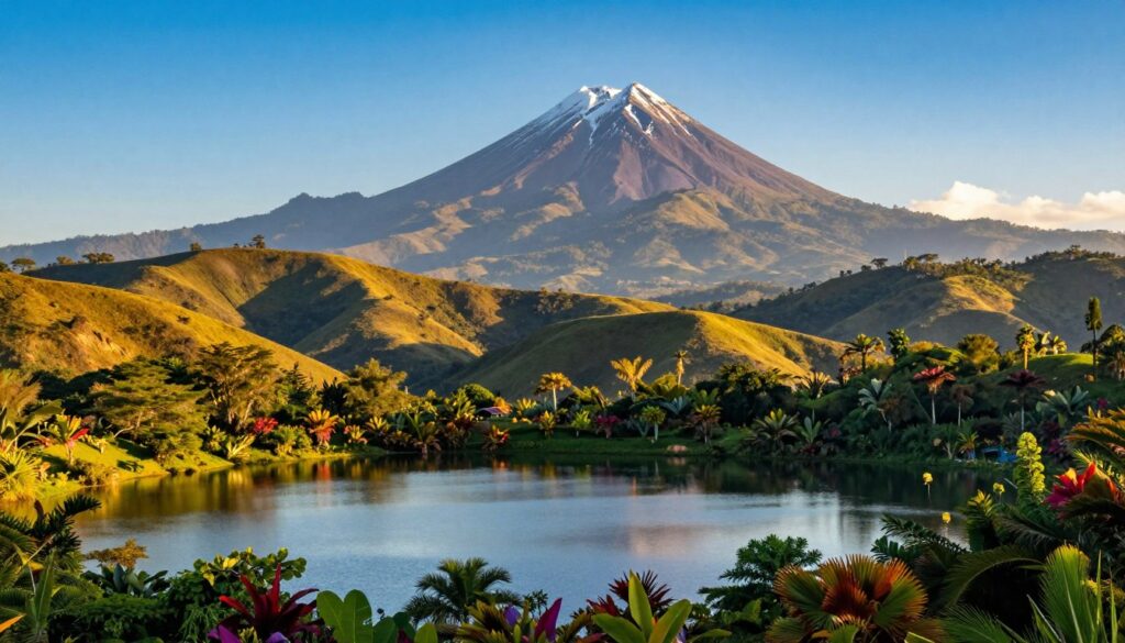 A breathtaking landscape showcasing the diverse scenery of Guatemala, featuring majestic volcanoes rising dramatically in the background, their towering peaks dusted with snow. In the foreground, a serene lake reflects the vibrant blue sky, surrounded by lush greenery and vibrant tropical plants. The midground includes gently rolling hills that lead up to the volcanoes, enhancing the sense of depth and scale. The lighting is warm and golden, suggesting early morning or late afternoon, casting soft shadows and emphasizing the textures of the landscape. Capture the tranquil atmosphere of this natural wonder, evoking a sense of peace and connection to the vibrant culture of the Mayan heritage. A breathtaking landscape showcasing the diverse scenery of Guatemala, featuring majestic volcanoes rising dramatically in the background, their towering peaks dusted with snow. In the foreground, a serene lake reflects the vibrant blue sky, surrounded by lush greenery and vibrant tropical plants. The midground includes gently rolling hills that lead up to the volcanoes, enhancing the sense of depth and scale. The lighting is warm and golden, suggesting early morning or late afternoon, casting soft shadows and emphasizing the textures of the landscape. Capture the tranquil atmosphere of this natural wonder, evoking a sense of peace and connection to the vibrant culture of the Mayan heritage.