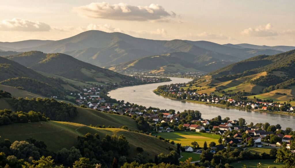 A breathtaking panoramic view of Hungary’s diverse terrain, showcasing a harmonious blend of rolling hills, dense forests, and expansive plains in the foreground. The middle ground features the iconic Danube River winding through picturesque valleys, with charming villages nestled along its banks. Majestic mountains rise in the background, their peaks gently kissed by the clouds, illuminated by the golden glow of a late afternoon sun. The scene captures the richness of Hungary’s natural resources, with vibrant colors of lush greenery and earthy tones highlighting the landscape. The atmosphere is serene and inviting, evoking a sense of wonder and discovery in this Central European gem. The image should have a slight depth of field, with the focus on the foreground elements, creating a warm and captivating ambiance.