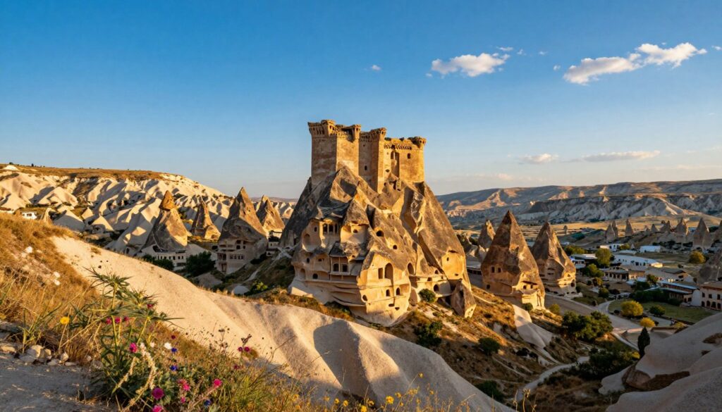 A breathtaking panoramic view of Uchisar Castle, a prominent rock formation in Cappadocia, set against a clear blue sky with a few wispy clouds. In the foreground, rugged terrain and vibrant wildflowers create a picturesque landscape. The middle ground features the towering castle, intricately carved and bathed in warm golden sunlight, showcasing its ancient architecture. In the background, rolling hills and valleys dotted with unique fairy chimneys stretch into the horizon. The scene is captured from a high vantage point, employing a wide-angle lens to emphasize the vastness of the scenery. The atmosphere is serene and enchanting, evoking a sense of wonder and adventure in this stunning natural setting.
