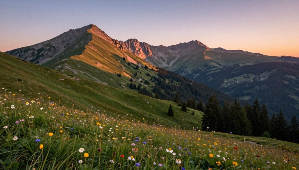 A breathtaking panoramic view of the Izerskie Mountains, showcasing a rugged landscape characterized by rolling hills and rocky peaks. In the foreground, a serene alpine meadow is dotted with vibrant wildflowers and lush green grass, inviting exploration. The middle ground features the dramatic slopes of the highest summits, their rocky facades glistening under the warm glow of a sunset, casting long shadows over the valleys. In the background, majestic trees frame the scene, hinting at dense forests that cloak the lower elevations. The sky is painted in soft pastel hues, creating a tranquil and inspiring atmosphere. The image should reflect a sense of adventure and the beauty of nature, ideal for inspiring active leisure and exploration in the mountains.