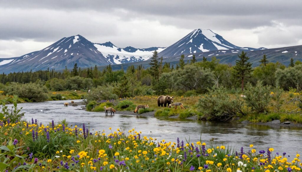 A breathtaking scene of Kamchatka's rich wildlife, showcasing an expansive view of rugged landscapes filled with vibrant flora and diverse fauna. In the foreground, a colorful wildflower meadow bursting with yellow and purple blooms leads to a tranquil river, reflecting the cloudy sky. The middle ground features a variety of animals, such as bears and foxes, coexisting in harmony among lush green trees and shrubs. In the background, majestic snow-capped volcanoes rise dramatically against a moody sky, hinting at the region's raw power. Soft, diffused natural light illuminates the scene, creating a serene and peaceful atmosphere that captures the essence of wild nature. The image should have a wide-angle perspective to emphasize the vastness of Kamchatka's unspoiled beauty. A breathtaking scene of Kamchatka's rich wildlife, showcasing an expansive view of rugged landscapes filled with vibrant flora and diverse fauna. In the foreground, a colorful wildflower meadow bursting with yellow and purple blooms leads to a tranquil river, reflecting the cloudy sky. The middle ground features a variety of animals, such as bears and foxes, coexisting in harmony among lush green trees and shrubs. In the background, majestic snow-capped volcanoes rise dramatically against a moody sky, hinting at the region's raw power. Soft, diffused natural light illuminates the scene, creating a serene and peaceful atmosphere that captures the essence of wild nature. The image should have a wide-angle perspective to emphasize the vastness of Kamchatka's unspoiled beauty.
