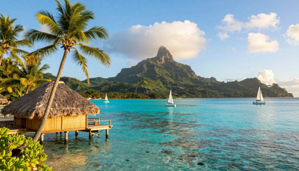 A breathtaking view of Bora Bora's famous turquoise lagoon, featuring lush, green palm trees swaying gently in the warm breeze. In the foreground, a traditional overwater bungalow made of bamboo and thatch extends into the clear water, inviting relaxation. The middle ground showcases a vibrant coral reef teeming with colorful fish, visible beneath the crystal surface, while a few sailboats gently glide across the lagoon. The background is dominated by the majestic Mount Otemanu, draped in mist, under a bright blue sky dotted with fluffy white clouds. The scene is illuminated by the golden glow of the setting sun, casting a serene and tranquil atmosphere, perfect for a dream vacation. The perspective is slightly elevated, capturing both the beauty of the lagoon and the grandeur of the mountain. A breathtaking view of Bora Bora's famous turquoise lagoon, featuring lush, green palm trees swaying gently in the warm breeze. In the foreground, a traditional overwater bungalow made of bamboo and thatch extends into the clear water, inviting relaxation. The middle ground showcases a vibrant coral reef teeming with colorful fish, visible beneath the crystal surface, while a few sailboats gently glide across the lagoon. The background is dominated by the majestic Mount Otemanu, draped in mist, under a bright blue sky dotted with fluffy white clouds. The scene is illuminated by the golden glow of the setting sun, casting a serene and tranquil atmosphere, perfect for a dream vacation. The perspective is slightly elevated, capturing both the beauty of the lagoon and the grandeur of the mountain.