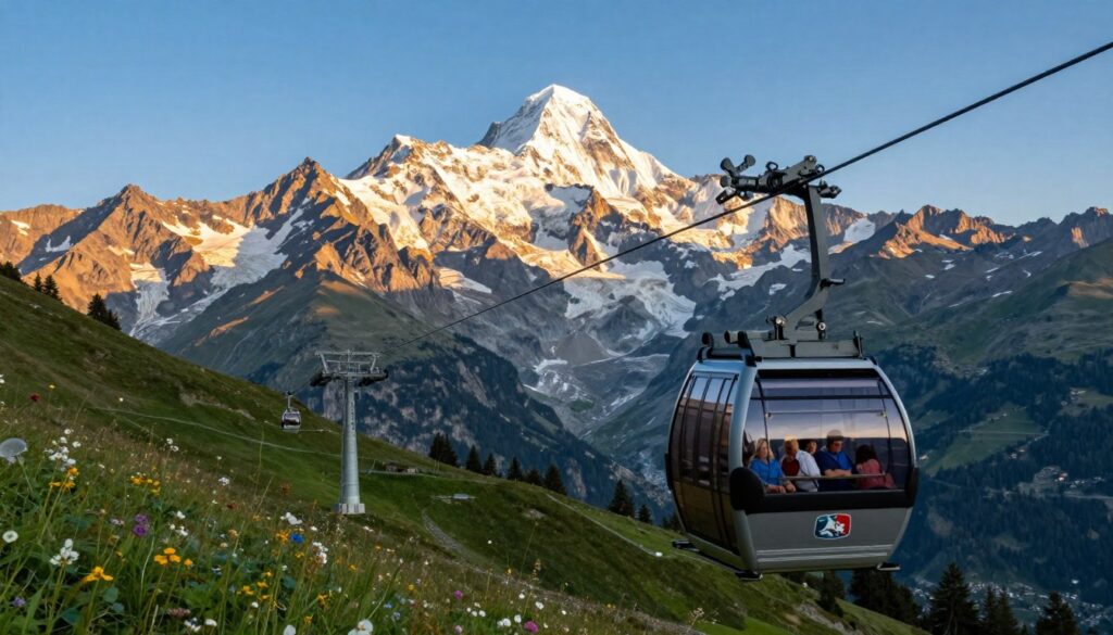 A breathtaking view of Mont Blanc, towering majestically against a clear blue sky. In the foreground, a modern cable car glides smoothly through the crisp mountain air, its cabin filled with tourists in modest casual clothing, gazing in awe at the surrounding peaks. The middle ground features lush green valleys dotted with wildflowers, leading up to the rocky, snow-capped summit of Mont Blanc, which glistens in the sunlight. In the background, additional mountain ranges create a dramatic backdrop, their ridges softly illuminated by warm golden hour lighting. The scene conveys a sense of adventure and admiration for nature’s grandeur, highlighting the beauty and accessibility of this iconic mountain for enthusiasts around the world. A breathtaking view of Mont Blanc, towering majestically against a clear blue sky. In the foreground, a modern cable car glides smoothly through the crisp mountain air, its cabin filled with tourists in modest casual clothing, gazing in awe at the surrounding peaks. The middle ground features lush green valleys dotted with wildflowers, leading up to the rocky, snow-capped summit of Mont Blanc, which glistens in the sunlight. In the background, additional mountain ranges create a dramatic backdrop, their ridges softly illuminated by warm golden hour lighting. The scene conveys a sense of adventure and admiration for nature’s grandeur, highlighting the beauty and accessibility of this iconic mountain for enthusiasts around the world.