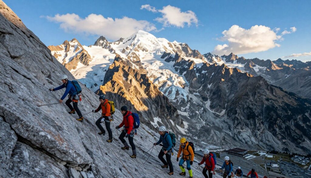 A breathtaking view of Mont Blanc’s climbing routes, showcasing the popular "Trasa Mont" ascent. In the foreground, a diverse group of climbers wearing colorful, professional climbing gear ascends a rugged rocky path, demonstrating teamwork and determination. Their expressions reflect focus and admiration for the majestic surroundings. In the middle ground, steep cliffs and glimmering glaciers are illuminated by the golden light of the afternoon sun, with shadows creating a dramatic contrast. The background features a panoramic view of Mont Blanc towering against a bright blue sky dotted with fluffy white clouds. Capture a sense of adventure and the breathtaking beauty of the Alps, with an emphasis on the natural textures of stone and snow. Use a wide-angle lens to enhance the grandeur of the landscape. A breathtaking view of Mont Blanc’s climbing routes, showcasing the popular "Trasa Mont" ascent. In the foreground, a diverse group of climbers wearing colorful, professional climbing gear ascends a rugged rocky path, demonstrating teamwork and determination. Their expressions reflect focus and admiration for the majestic surroundings. In the middle ground, steep cliffs and glimmering glaciers are illuminated by the golden light of the afternoon sun, with shadows creating a dramatic contrast. The background features a panoramic view of Mont Blanc towering against a bright blue sky dotted with fluffy white clouds. Capture a sense of adventure and the breathtaking beauty of the Alps, with an emphasis on the natural textures of stone and snow. Use a wide-angle lens to enhance the grandeur of the landscape.