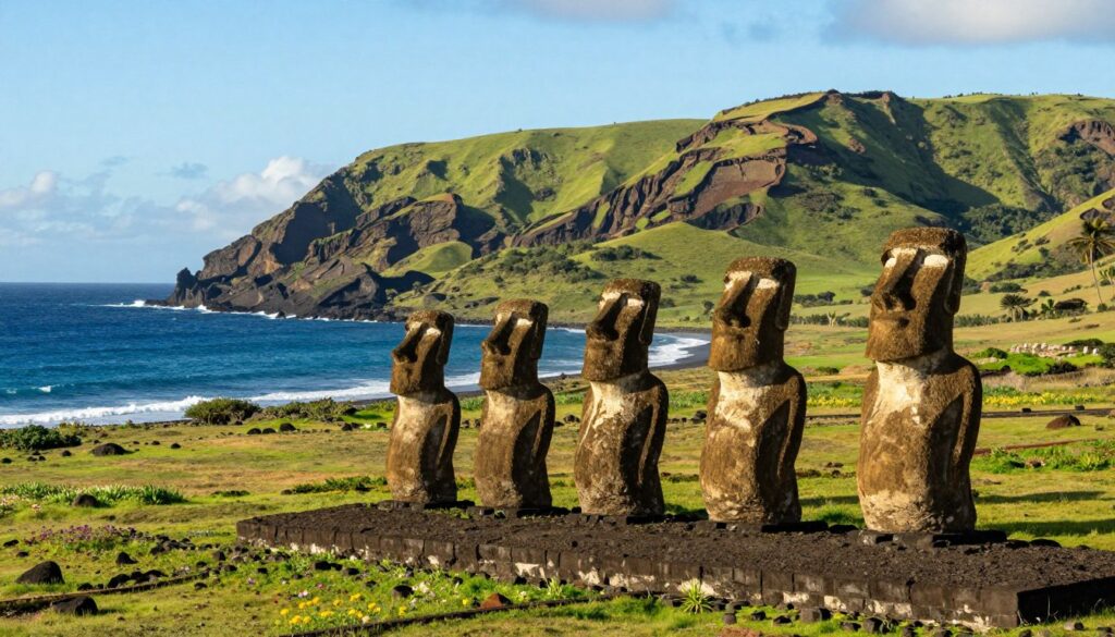 A breathtaking view of Rapa Nui National Park, capturing the iconic Moai statues against a backdrop of lush green hills and a deep blue ocean. In the foreground, several Moai stand tall, intricately carved with weathered features, bathed in soft golden sunlight, showcasing their historical significance. The middle ground reveals sweeping landscapes dotted with wildflowers and native vegetation, emphasizing the park's rich biodiversity. In the background, dramatic cliffs rise above the sparkling sea, with waves gently crashing against the shore, enhancing the tranquil yet majestic atmosphere. The image should be captured with a wide-angle lens to encapsulate the vastness of the park, under a clear, bright sky that reflects the beauty of this unique island paradise. Aim for a serene and awe-inspiring mood that showcases the treasures of nature found in Rapa Nui.