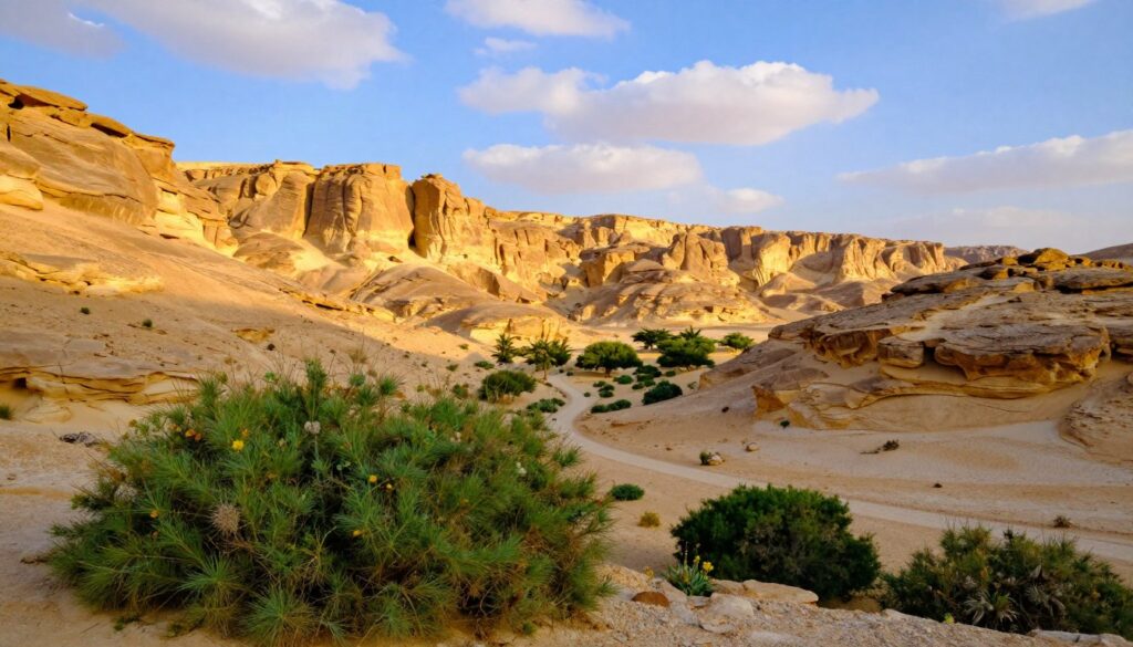 A breathtaking view of Wadi Degla Nature Reserve in Egypt, showcasing its rugged, dramatic cliffs and unique geological formations. In the foreground, lush green shrubs and small desert flowers contrast with the arid landscape, inviting a sense of exploration. In the middle ground, winding trails lead towards the rocky hills, while clusters of trees provide shade, hinting at the rich biodiversity of the reserve. The background features towering sandstone cliffs bathed in warm golden sunlight, enhancing the vibrant earthy tones. The sky is a brilliant blue, dotted with soft white clouds, creating a serene and inviting atmosphere. Capture this scene from a slightly elevated angle to showcase both the depth of the reserve and the expansive desert surroundings. The overall mood is tranquil and inspiring, perfect for nature enthusiasts.