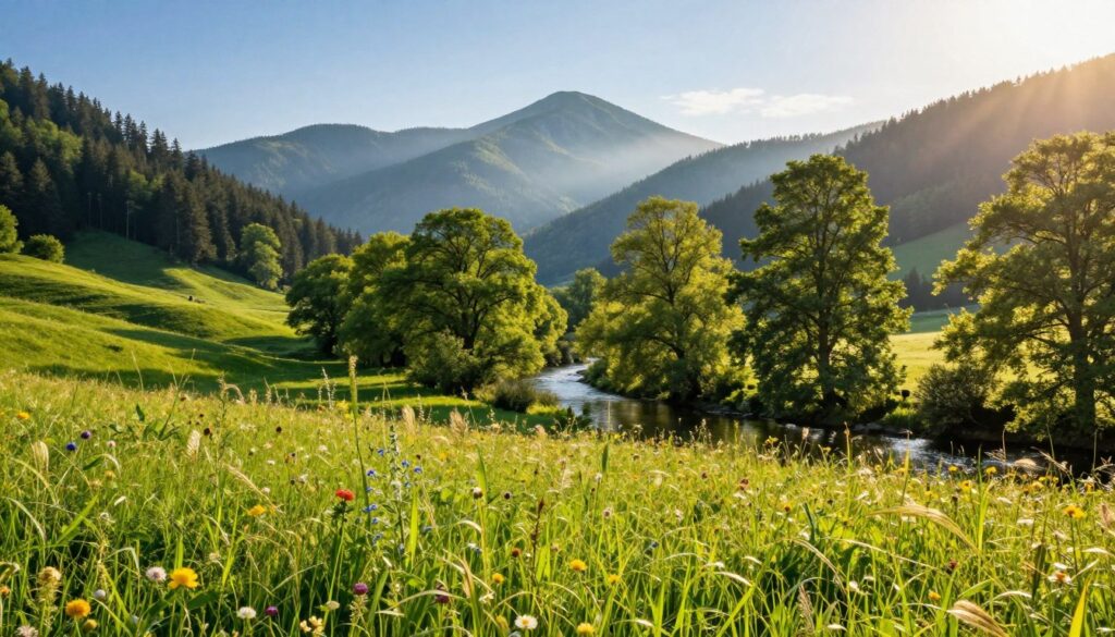 A breathtaking view of a national park in Germany, showcasing a lush, green landscape with rolling hills and dense forests. In the foreground, a vibrant meadow filled with wildflowers, swaying gently in the breeze. The middle ground features towering trees, their leaves shimmering in bright sunlight, with a clear winding river reflecting the blue sky. In the background, majestic mountains rise, partially shrouded in mist, creating a sense of serenity and untouched beauty. The lighting is soft and warm, reminiscent of early morning or late afternoon golden hour. The atmosphere feels tranquil and refreshing, inviting viewers to appreciate the natural beauty and environmental protection efforts. The image captures a moment of harmony in nature, perfect for illustrating the importance of national parks. A breathtaking view of a national park in Germany, showcasing a lush, green landscape with rolling hills and dense forests. In the foreground, a vibrant meadow filled with wildflowers, swaying gently in the breeze. The middle ground features towering trees, their leaves shimmering in bright sunlight, with a clear winding river reflecting the blue sky. In the background, majestic mountains rise, partially shrouded in mist, creating a sense of serenity and untouched beauty. The lighting is soft and warm, reminiscent of early morning or late afternoon golden hour. The atmosphere feels tranquil and refreshing, inviting viewers to appreciate the natural beauty and environmental protection efforts. The image captures a moment of harmony in nature, perfect for illustrating the importance of national parks.