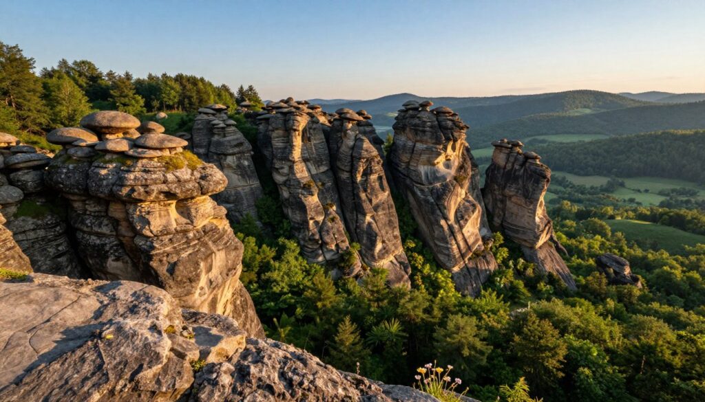 A breathtaking view of "skalne grzyby," mushroom-shaped rock formations found in the Stołowe Mountains, is the focus of this scene. In the foreground, intricate details of the stone textures are highlighted, with moss clinging to their surfaces. The middle ground showcases an array of unique, towering rock formations, surrounded by a rich tapestry of green foliage and scattered wildflowers, creating a lush landscape. In the background, gentle rolling hills and distant mountains fade into a soft, blue sky illuminated by the warm glow of a late afternoon sun, casting long, dramatic shadows. The atmosphere is serene and mystical, inviting exploration and reflection amidst nature’s artistry, captured with a slightly elevated angle and vivid colors to enhance the natural beauty of this stunning geological phenomenon.