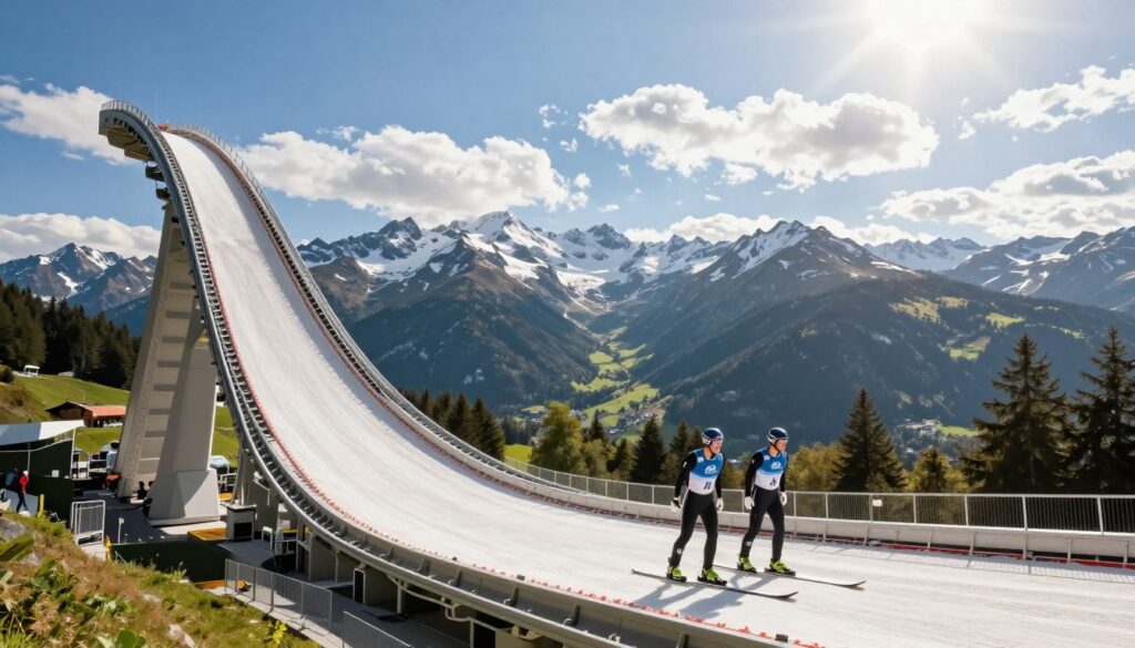A breathtaking view of the Bergisel ski jump in Innsbruck during a bright, sunlit day. The foreground features the impressive structure of the ski jump, showcasing its sleek, modern design and the distinctive curve of the ramp. In the middle ground, athletes in professional ski jumping attire are captured poised for action, emphasizing athleticism and concentration. The background reveals the stunning Alps, with snow-capped peaks and lush green valleys, under a clear blue sky scattered with fluffy white clouds. The lighting is warm and vibrant, evoking a sense of excitement and energy. The angle is slightly elevated, highlighting the grandeur of the ski jump against the majestic mountainous landscape, creating a thrilling and inspiring atmosphere. A breathtaking view of the Bergisel ski jump in Innsbruck during a bright, sunlit day. The foreground features the impressive structure of the ski jump, showcasing its sleek, modern design and the distinctive curve of the ramp. In the middle ground, athletes in professional ski jumping attire are captured poised for action, emphasizing athleticism and concentration. The background reveals the stunning Alps, with snow-capped peaks and lush green valleys, under a clear blue sky scattered with fluffy white clouds. The lighting is warm and vibrant, evoking a sense of excitement and energy. The angle is slightly elevated, highlighting the grandeur of the ski jump against the majestic mountainous landscape, creating a thrilling and inspiring atmosphere.