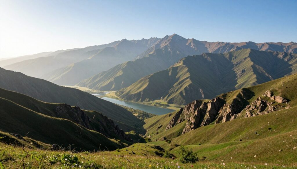 A breathtaking view of the Crimean Mountains, capturing their rugged peaks and rolling hills. In the foreground, a lush green valley dotted with wildflowers, leading to the steep cliffs of the mountains. The middle ground features a winding river reflecting the bright blue sky. In the background, towering mountain ranges rise majestically, shrouded in a light mist, creating a sense of depth. The lighting is soft and warm, reminiscent of a late afternoon sun casting gentle shadows. The atmosphere is serene and tranquil, evoking a feeling of connection to nature. The composition is framed from a slightly elevated angle to emphasize the varying elevations of the land, without any people or text present in the image. A breathtaking view of the Crimean Mountains, capturing their rugged peaks and rolling hills. In the foreground, a lush green valley dotted with wildflowers, leading to the steep cliffs of the mountains. The middle ground features a winding river reflecting the bright blue sky. In the background, towering mountain ranges rise majestically, shrouded in a light mist, creating a sense of depth. The lighting is soft and warm, reminiscent of a late afternoon sun casting gentle shadows. The atmosphere is serene and tranquil, evoking a feeling of connection to nature. The composition is framed from a slightly elevated angle to emphasize the varying elevations of the land, without any people or text present in the image.
