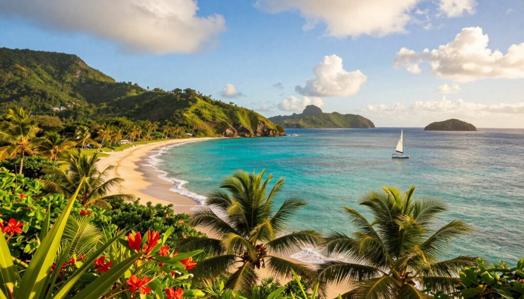 A breathtaking view of the Lesser Antilles, showcasing a stunning tropical landscape with lush green hills and crystal-clear turquoise waters. In the foreground, vibrant flora with tropical flowers and palm trees swaying gently in the breeze. In the middle ground, a serene beach with golden sand, inviting waves lapping at the shore, and a few sailboats lightly bobbing on the water. The background features rugged mountains and islands dotting the horizon under a bright blue sky filled with fluffy white clouds. The lighting is warm and inviting, resembling a golden hour glow, creating a tranquil and idyllic atmosphere, perfect for capturing the unique character of the Lesser Antilles. The angle is slightly elevated, offering a panoramic perspective of this enchanting landscape. A breathtaking view of the Lesser Antilles, showcasing a stunning tropical landscape with lush green hills and crystal-clear turquoise waters. In the foreground, vibrant flora with tropical flowers and palm trees swaying gently in the breeze. In the middle ground, a serene beach with golden sand, inviting waves lapping at the shore, and a few sailboats lightly bobbing on the water. The background features rugged mountains and islands dotting the horizon under a bright blue sky filled with fluffy white clouds. The lighting is warm and inviting, resembling a golden hour glow, creating a tranquil and idyllic atmosphere, perfect for capturing the unique character of the Lesser Antilles. The angle is slightly elevated, offering a panoramic perspective of this enchanting landscape.