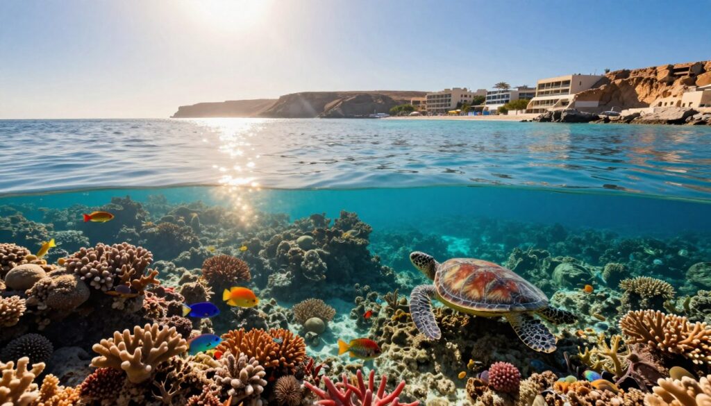 A breathtaking view of the Red Sea, showcasing its unique water characteristics and climatic conditions. In the foreground, vibrant coral reefs teem with diverse marine life, such as colorful fish and sea turtles swimming gracefully amongst the rocks. The middle ground features calm turquoise waters, gently reflecting the bright sun overhead, casting shimmering patterns on the surface. In the background, rugged coastal cliffs and resorts line the shore under a clear blue sky, hinting at the arid climate of the region. Use warm, natural lighting to enhance the vivid colors and create a tranquil, inviting atmosphere. The composition should evoke a sense of wonder and appreciation for the natural beauty and ecological diversity of the Red Sea. A breathtaking view of the Red Sea, showcasing its unique water characteristics and climatic conditions. In the foreground, vibrant coral reefs teem with diverse marine life, such as colorful fish and sea turtles swimming gracefully amongst the rocks. The middle ground features calm turquoise waters, gently reflecting the bright sun overhead, casting shimmering patterns on the surface. In the background, rugged coastal cliffs and resorts line the shore under a clear blue sky, hinting at the arid climate of the region. Use warm, natural lighting to enhance the vivid colors and create a tranquil, inviting atmosphere. The composition should evoke a sense of wonder and appreciation for the natural beauty and ecological diversity of the Red Sea.