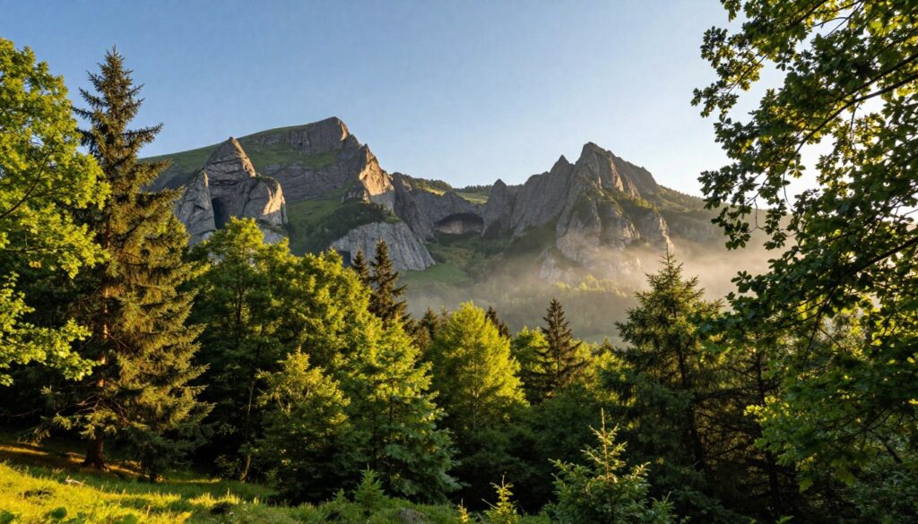A breathtaking view of the Świętokrzyskie Mountains, showcasing their rugged beauty. In the foreground, a lush green forest with a mix of pine and deciduous trees, dappled with sunlight filtering through the leaves. In the middle ground, the jagged peaks rise majestically against a clear blue sky, with dramatic cliffs and rocky outcrops. A hint of mist envelops some lower valleys, adding an air of mystery. In the background, an entrance to a cave can be seen, hinting at the underground treasures waiting inside. The scene is bathed in warm, golden hour light that enhances the vibrant colors and creates soft shadows, evoking a sense of serenity and adventure.