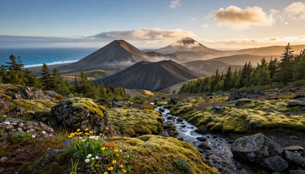 A breathtaking view of the geographic heart of the Kamchatka Peninsula, capturing its rugged beauty and wild nature. In the foreground, vibrant green moss covers rocky terrain, dotted with colorful wildflowers and small streams flowing through. The middle ground reveals a majestic volcanic landscape, with dramatic peaks and craters, partially shrouded in mist. In the background, the expansive blue Pacific Ocean gently crashes against the shore under a clear sky. Golden sunlight filters through scattered clouds, creating a warm and inviting atmosphere. The scene is framed by lush forests, enhancing the sense of isolation and untouched wilderness. Shot with a wide-angle lens to emphasize depth and perspective, the mood is serene yet awe-inspiring, showcasing the raw beauty of this remote region. A breathtaking view of the geographic heart of the Kamchatka Peninsula, capturing its rugged beauty and wild nature. In the foreground, vibrant green moss covers rocky terrain, dotted with colorful wildflowers and small streams flowing through. The middle ground reveals a majestic volcanic landscape, with dramatic peaks and craters, partially shrouded in mist. In the background, the expansive blue Pacific Ocean gently crashes against the shore under a clear sky. Golden sunlight filters through scattered clouds, creating a warm and inviting atmosphere. The scene is framed by lush forests, enhancing the sense of isolation and untouched wilderness. Shot with a wide-angle lens to emphasize depth and perspective, the mood is serene yet awe-inspiring, showcasing the raw beauty of this remote region.
