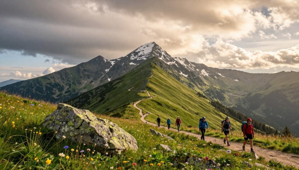 A breathtaking view of the highest peak in the Sudetes, the Sniezka Mountain, stands majestically against a dramatic sky. In the foreground, lush green meadows are dotted with colorful wildflowers and large boulders, inviting hikers to explore. The middle ground features the well-defined trail winding up the mountain, with a few small groups of hikers dressed in professional outdoor clothing, experiencing the adventure. In the background, the peak of Sniezka rises sharply, capped with a dusting of snow, while clouds swirl around its summit. Soft golden sunlight breaks through, casting warm tones across the landscape and enhancing the sense of grandeur. The atmosphere is one of exhilaration and serenity, perfect for an unforgettable mountain adventure. A breathtaking view of the highest peak in the Sudetes, the Sniezka Mountain, stands majestically against a dramatic sky. In the foreground, lush green meadows are dotted with colorful wildflowers and large boulders, inviting hikers to explore. The middle ground features the well-defined trail winding up the mountain, with a few small groups of hikers dressed in professional outdoor clothing, experiencing the adventure. In the background, the peak of Sniezka rises sharply, capped with a dusting of snow, while clouds swirl around its summit. Soft golden sunlight breaks through, casting warm tones across the landscape and enhancing the sense of grandeur. The atmosphere is one of exhilaration and serenity, perfect for an unforgettable mountain adventure.
