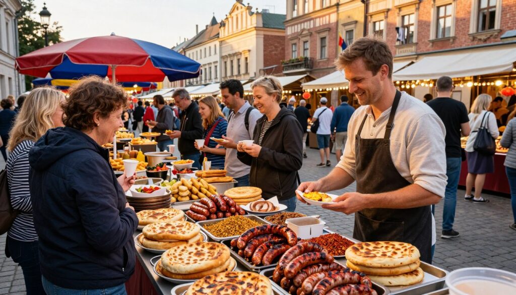 A bustling Krakow street market scene, featuring vibrant street food stalls filled with mouthwatering regional delicacies such as zapiekanka, obwarzanek, and kielbasa. In the foreground, an inviting stall displays freshly grilled sausages and aromatic spices, with a smiling vendor in modest casual clothing serving customers. The middle ground showcases a mix of enthusiastic locals and tourists savoring their food, surrounded by colorful umbrellas and festive decorations, conveying a sense of community. The background reveals historic buildings with charming facades and cobblestone streets under soft golden evening light, creating a warm and inviting atmosphere. Capture the liveliness of the market from a slightly elevated angle, emphasizing the delicious food and joyful interactions.