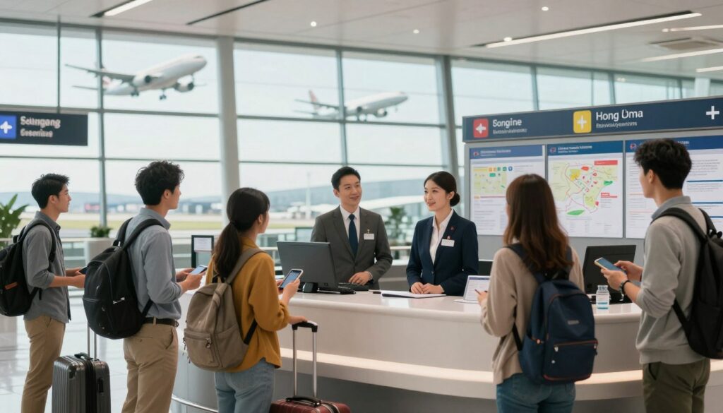 A bustling airport scene illustrating practical travel tips, featuring a well-organized information desk with friendly staff in professional attire offering guidance to travelers. In the foreground, a diverse group of travelers—some with suitcases, others using smartphones to find information—all exhibit a sense of anticipation and excitement. The middle layer showcases a modern airport terminal filled with signs and maps highlighting destinations, especially hints pointing towards Hong Kong. In the background, large windows reveal planes taking off and landing beneath a bright, sunny sky. Soft, diffused lighting conveys a welcoming atmosphere, while a slight focus blur adds depth to the scene. Ensure the overall mood is informative and positive, capturing the essence of travel preparation.