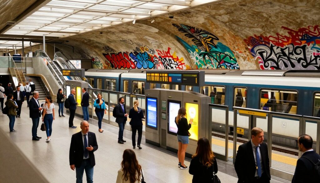 A bustling metro station in Athens, showcasing the vibrant life of the city. In the foreground, commuters dressed in professional business attire and modest casual clothing are waiting for the train, engaged in conversation. In the middle layer, ticket machines and digital displays anunciate train schedules, surrounded by modern architectural elements like sleek escalators and bright, colorful advertisements. The background features the unique Athenian metro design with striking graffiti art and murals on the station walls, reflecting the city's artistic spirit. Natural daylight filters through the transparent sections of the station, creating a warm and inviting atmosphere. The perspective is from a slightly elevated angle, providing a comprehensive view of the station's dynamic environment, emphasizing both the urban energy and the historical essence of Athens. A bustling metro station in Athens, showcasing the vibrant life of the city. In the foreground, commuters dressed in professional business attire and modest casual clothing are waiting for the train, engaged in conversation. In the middle layer, ticket machines and digital displays anunciate train schedules, surrounded by modern architectural elements like sleek escalators and bright, colorful advertisements. The background features the unique Athenian metro design with striking graffiti art and murals on the station walls, reflecting the city's artistic spirit. Natural daylight filters through the transparent sections of the station, creating a warm and inviting atmosphere. The perspective is from a slightly elevated angle, providing a comprehensive view of the station's dynamic environment, emphasizing both the urban energy and the historical essence of Athens.