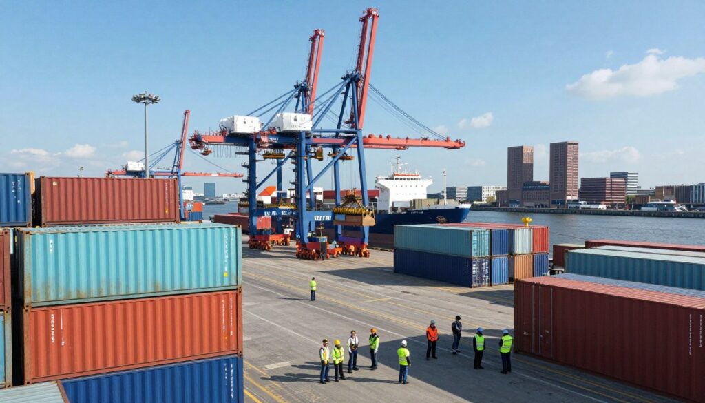 A bustling port scene in Rotterdam, showcasing its significance as a major European trade hub. In the foreground, large cargo containers stacked high, vibrant colors contrasting against the blue sky. A diverse group of workers in professional attire, efficiently moving about, representing unity and cooperation in trade. In the middle ground, towering cranes and cargo ships are being loaded, emphasizing the port's functionality and scale. The background features the iconic skyline of Rotterdam with modern architecture and waterfront views reflecting the city’s dynamic atmosphere. Bright, natural sunlight casts long shadows, enhancing the details, while hints of activity convey a sense of urgency and prosperity, embodying the port’s economic vitality.