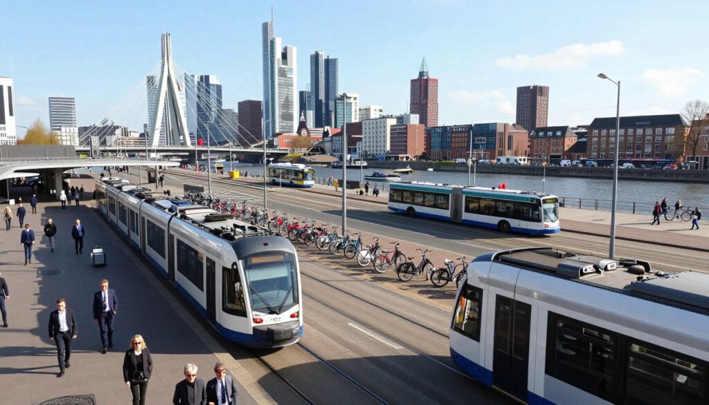 A bustling scene showcasing Rotterdam's vibrant transport hub, featuring sleek modern trains and trams in the foreground, with commuters in professional business attire waiting at a contemporary station. In the middle ground, an array of bicycles parked neatly and electric buses navigating through the well-organized streets, illustrating the city's efficient public transport system. The background highlights iconic architecture, including the Erasmus Bridge and skyscrapers, under a bright, clear blue sky. Soft afternoon sunlight casts dynamic shadows, adding depth to the scene, while a sense of energy and movement permeates the atmosphere, capturing the heart of this Dutch metropolitan area. The overall composition should exude a lively urban vibe, emphasizing the importance of transport and communication in Rotterdam.