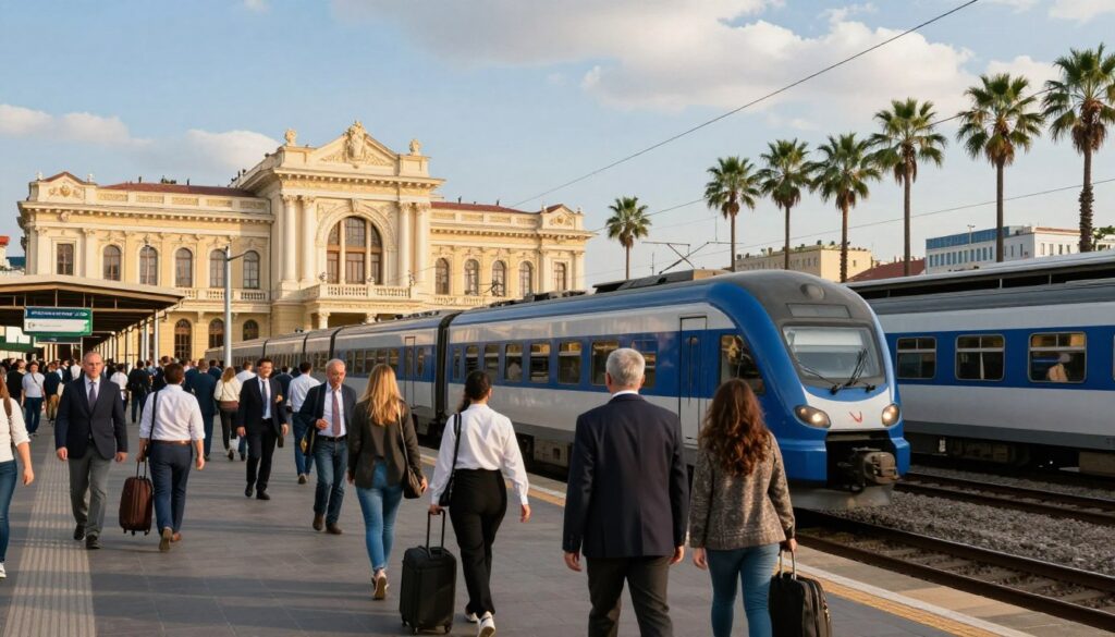 A bustling train station in Odessa, showcasing the architectural beauty of the building with classical details and modern elements. In the foreground, a diverse group of commuters in professional business attire and modest casual clothing waits on the platform, some with luggage in hand. The middle layer features trains arriving and departing, with their sleek designs glimmering under the warm sunlight. In the background, tall palm trees line the station, creating an inviting atmosphere typical of a coastal city by the Black Sea. The sky is clear with soft clouds, casting gentle shadows, while the mood is dynamic and energetic, capturing the essence of transportation and movement central to the city's significance.