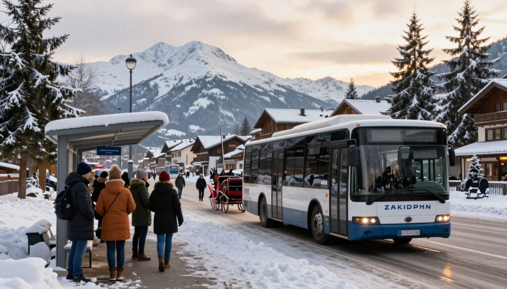 A bustling transport scene in Zakopane during winter, showcasing various modes of transport. In the foreground, a cozy bus stop with travelers dressed in warm winter apparel, waiting for a bus with snow-covered mountains in the background. The middle ground features a sleek, modern bus arriving, while a traditional horse-drawn sleigh passes by, emphasizing the blend of contemporary and traditional transport. Pine trees dusted with snow frame the scene, and a soft, golden light filters through cloudy skies, creating a serene, inviting atmosphere. The image captures the essence of winter travel in a picturesque Polish town, highlighting the vibrant transport options available in a snowy setting. A bustling transport scene in Zakopane during winter, showcasing various modes of transport. In the foreground, a cozy bus stop with travelers dressed in warm winter apparel, waiting for a bus with snow-covered mountains in the background. The middle ground features a sleek, modern bus arriving, while a traditional horse-drawn sleigh passes by, emphasizing the blend of contemporary and traditional transport. Pine trees dusted with snow frame the scene, and a soft, golden light filters through cloudy skies, creating a serene, inviting atmosphere. The image captures the essence of winter travel in a picturesque Polish town, highlighting the vibrant transport options available in a snowy setting.