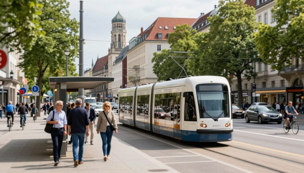 A bustling urban scene in Munich showcasing its transportation infrastructure. In the foreground, a modern tram elegantly glides along the tracks, with people waiting at a sleek tram stop, dressed in business attire and casual clothing. The middle ground features a busy street filled with cyclists and cars, illustrating the city's dedication to eco-friendly transport options. The background displays iconic Munich architecture, such as the Frauenkirche and historic buildings, framed by lush trees. The scene is captured in bright, natural daylight to convey a vibrant atmosphere, with a slight tilt-shift lens effect to emphasize the urban dynamics. The overall mood is lively and efficient, reflecting Munich's reputation as a well-connected city. A bustling urban scene in Munich showcasing its transportation infrastructure. In the foreground, a modern tram elegantly glides along the tracks, with people waiting at a sleek tram stop, dressed in business attire and casual clothing. The middle ground features a busy street filled with cyclists and cars, illustrating the city's dedication to eco-friendly transport options. The background displays iconic Munich architecture, such as the Frauenkirche and historic buildings, framed by lush trees. The scene is captured in bright, natural daylight to convey a vibrant atmosphere, with a slight tilt-shift lens effect to emphasize the urban dynamics. The overall mood is lively and efficient, reflecting Munich's reputation as a well-connected city.