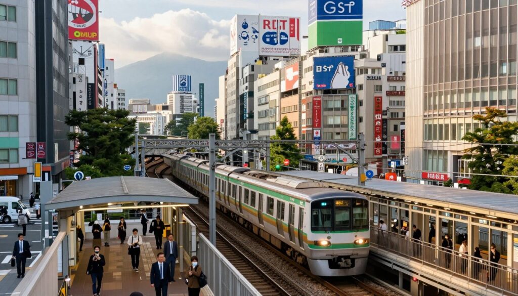 A bustling urban scene showcasing Tokyo's public transportation system and railway network. In the foreground, a modern train glides smoothly along elevated tracks, surrounded by well-dressed commuters waiting at a sleek, glass-fronted station. In the middle ground, the vibrant cityscape of Tokyo is filled with high-rise buildings, colorful billboards, and green trees lining the streets. The background features distant mountains lightly shrouded in clouds, representing Tokyo's geographical context. Soft afternoon sunlight bathes the scene in a warm glow, highlighting the architectural details. The overall mood is energetic and dynamic, conveying the efficiency and complexity of the city's transport system, inviting exploration and travel. A bustling urban scene showcasing Tokyo's public transportation system and railway network. In the foreground, a modern train glides smoothly along elevated tracks, surrounded by well-dressed commuters waiting at a sleek, glass-fronted station. In the middle ground, the vibrant cityscape of Tokyo is filled with high-rise buildings, colorful billboards, and green trees lining the streets. The background features distant mountains lightly shrouded in clouds, representing Tokyo's geographical context. Soft afternoon sunlight bathes the scene in a warm glow, highlighting the architectural details. The overall mood is energetic and dynamic, conveying the efficiency and complexity of the city's transport system, inviting exploration and travel.