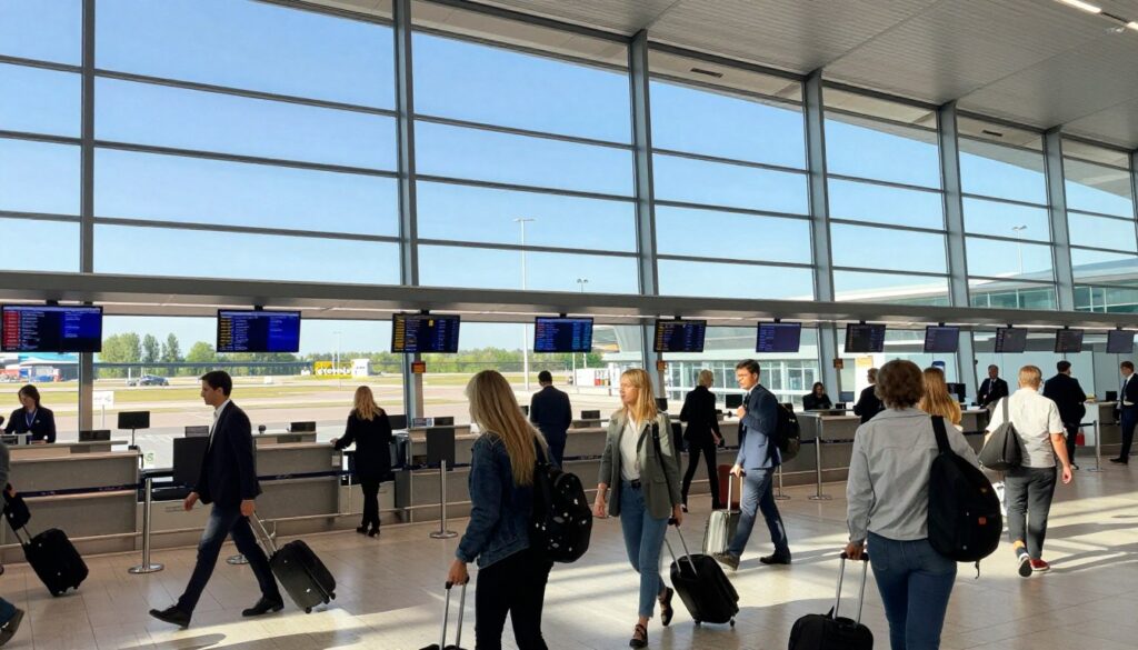 A bustling view of Arlanda Airport in Sweden, showcasing the modern architecture of the terminal with large glass windows reflecting sunlight. In the foreground, a diverse group of travelers, dressed in professional and casual attire, are navigating through the airport with luggage in hand, conveying a sense of urgency and excitement. The middle ground features check-in counters with digital screens displaying flight information, while friendly airline staff assist passengers. In the background, a clear blue sky is visible through the terminal's panoramic windows, complemented by the iconic green landscape of Sweden outside. The scene is illuminated by bright, natural lighting, evoking a welcoming and vibrant atmosphere that captures the essence of international travel. A low-angle perspective enhances the grandeur of the terminal architecture.