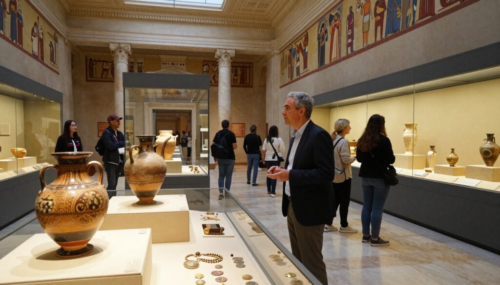 A captivating museum interior showcasing artifacts from ancient Ephesus, illuminated by soft, warm lighting. In the foreground, display glass cases filled with intricate pottery, ornate jewelry, and ancient coins, emphasizing the treasures unearthed during archaeological excavations. The middle ground features a knowledgeable curator, dressed in smart casual attire, interacting with fascinated visitors who admire the exhibits. The background reveals the museum's grand architecture, with high ceilings and elegant columns, adorned with historical murals depicting Ephesus’s rich history. A sense of curiosity and admiration fills the atmosphere, inviting viewers to explore the wonders of this ancient city. The composition captures an inviting and educational environment, shot from a slightly elevated angle to encompass the museum's depth and detail. A captivating museum interior showcasing artifacts from ancient Ephesus, illuminated by soft, warm lighting. In the foreground, display glass cases filled with intricate pottery, ornate jewelry, and ancient coins, emphasizing the treasures unearthed during archaeological excavations. The middle ground features a knowledgeable curator, dressed in smart casual attire, interacting with fascinated visitors who admire the exhibits. The background reveals the museum's grand architecture, with high ceilings and elegant columns, adorned with historical murals depicting Ephesus’s rich history. A sense of curiosity and admiration fills the atmosphere, inviting viewers to explore the wonders of this ancient city. The composition captures an inviting and educational environment, shot from a slightly elevated angle to encompass the museum's depth and detail.