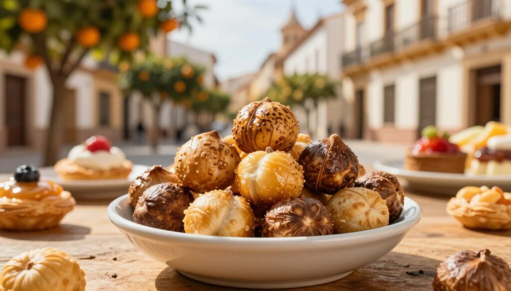 A close-up composition featuring tiger nuts, showcasing their unique textured skin and round shape in vibrant detail. In the foreground, a small bowl overflowing with fresh, moist tiger nuts, glistening with a light sheen, is placed on a rustic wooden table. Surrounding the bowl, there are small pastries like sweet, flaky horchata-inspired delicacies and colorful desserts, hinting at a traditional Spanish breakfast. The middle ground captures a blurred background of a sunlit Valencia street, with orange trees and charming old buildings, offering a warm Mediterranean atmosphere. Soft golden hour lighting illuminates the scene, highlighting the rich colors and textures. The mood is inviting and festive, embodying the essence of Spanish cuisine while depicting a sense of refreshment and sweetness. A close-up composition featuring tiger nuts, showcasing their unique textured skin and round shape in vibrant detail. In the foreground, a small bowl overflowing with fresh, moist tiger nuts, glistening with a light sheen, is placed on a rustic wooden table. Surrounding the bowl, there are small pastries like sweet, flaky horchata-inspired delicacies and colorful desserts, hinting at a traditional Spanish breakfast. The middle ground captures a blurred background of a sunlit Valencia street, with orange trees and charming old buildings, offering a warm Mediterranean atmosphere. Soft golden hour lighting illuminates the scene, highlighting the rich colors and textures. The mood is inviting and festive, embodying the essence of Spanish cuisine while depicting a sense of refreshment and sweetness.