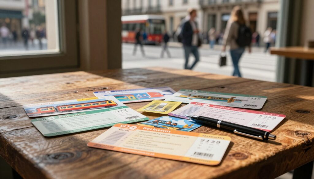 A collection of colorful train tickets and transit passes displayed on a rustic wooden table. The foreground shows a few tickets spread out, highlighting vibrant colors and intricate designs, with a stylish pen alongside. In the middle, soft shadows cast by the natural daylight streaming in from a nearby window create an inviting atmosphere. The background features a blurred view of a bustling city street, hinting at a European vibe, with people in casual yet fashionable attire moving about. The light is warm, evoking a sense of adventure and exploration. The scene captures the essence of travel, anticipation, and the practical elements tourists consider when planning a trip to a new city.