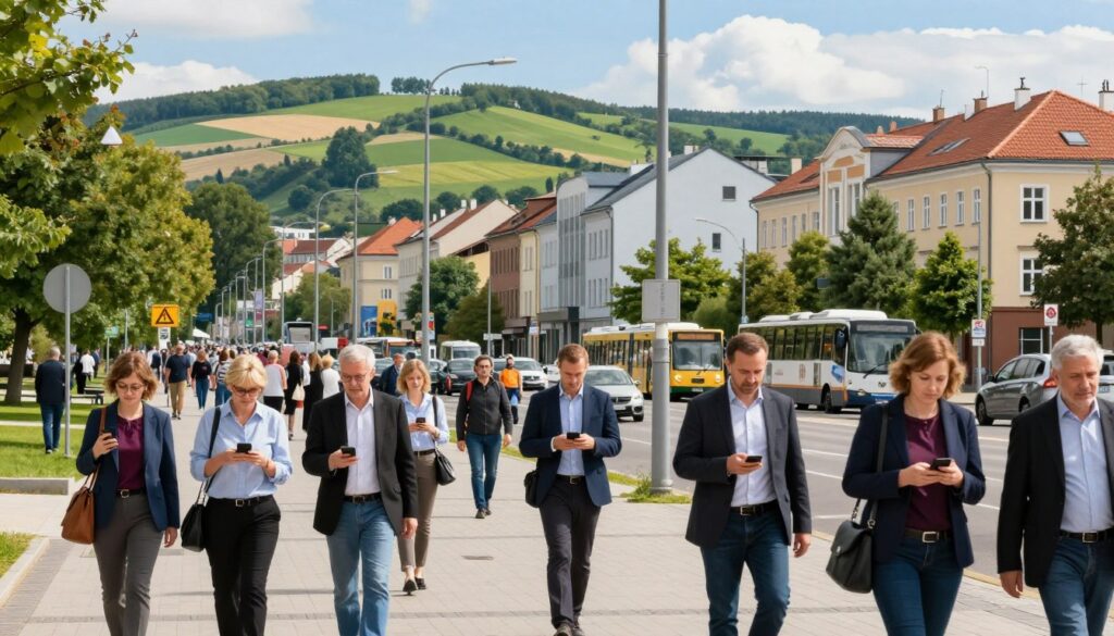 A contemporary urban scene depicting the demographic landscape of a city, focusing on Siedlce as a representation of modern urban demographics. In the foreground, a variety of residents of different ages and ethnic backgrounds are shown engaged in activities like walking, chatting, and using mobile devices, all dressed in professional business attire and casual clothing. The middle ground features a bustling street with modern buildings, parks, and public transport, showcasing a diverse community. In the background, rolling green hills and farm fields typical of the Mazowsze region emerge under a bright blue sky, creating a harmonious blend of urban and rural life. Soft sunlight bathes the scene, conveying a vibrant, lively atmosphere that reflects the dynamic nature of modern demographics.