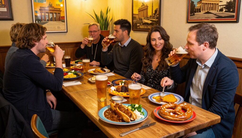 A cozy Berlin restaurant scene that embodies the vibrant atmosphere of local dining. In the foreground, a rustic wooden table is set with traditional German dishes like currywurst, schnitzel, and pretzels, beautifully presented on colorful plates. In the middle, patrons dressed in smart casual clothing are enjoying their meals, engaging in lively conversation, and sipping on locally brewed beers. The background showcases charming decor with warm golden lighting, vintage posters of Berlin landmarks, and potted plants that add a touch of greenery. The image is captured from a slightly elevated angle, allowing for a full view of the inviting ambiance, while soft, diffuse lighting enhances the welcoming feel of the restaurant, evoking the sense of warmth and community found in authentic local eateries.