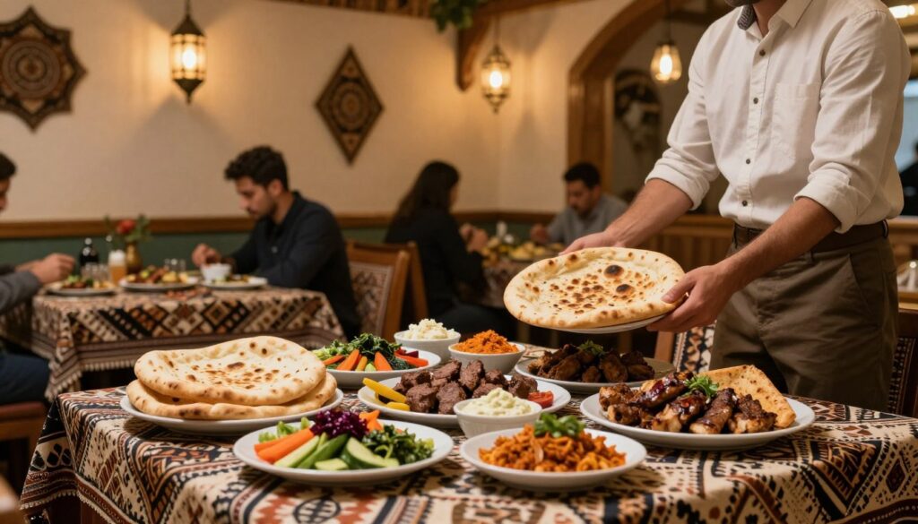 A cozy and inviting interior of the Lavash restaurant, showcasing traditional Caucasian decor with intricate patterns and warm earthy tones. In the foreground, a beautifully arranged table filled with an assortment of colorful dishes, including lavash bread, grilled meats, fresh vegetables, and vibrant dips, highlighting exotic flavors. Soft lighting creates a warm atmosphere, while a partially visible waiter in modest casual attire serves food. In the background, patrons enjoy their meals, surrounded by decorative elements like hanging lanterns and wood accents, conveying a sense of cultural richness. A subtle bokeh effect emphasizes the restaurant's inviting ambiance, inviting the viewer to indulge in these unique culinary delights. A cozy and inviting interior of the Lavash restaurant, showcasing traditional Caucasian decor with intricate patterns and warm earthy tones. In the foreground, a beautifully arranged table filled with an assortment of colorful dishes, including lavash bread, grilled meats, fresh vegetables, and vibrant dips, highlighting exotic flavors. Soft lighting creates a warm atmosphere, while a partially visible waiter in modest casual attire serves food. In the background, patrons enjoy their meals, surrounded by decorative elements like hanging lanterns and wood accents, conveying a sense of cultural richness. A subtle bokeh effect emphasizes the restaurant's inviting ambiance, inviting the viewer to indulge in these unique culinary delights.