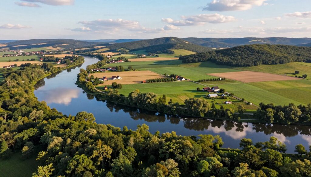A detailed aerial view of the geographical features surrounding the Prosna River in the Kalisz region of Poland, showcasing lush green forests, rolling hills, and agricultural fields. In the foreground, a winding river with clear water reflects the blue sky and white clouds above. The middle ground features a diverse landscape with small farms and patches of crops, emphasizing the area's agricultural importance. In the background, soft mountains rise gently, providing depth and a sense of tranquility. The lighting is warm, suggesting a late afternoon sun casting gentle shadows, capturing a serene and harmonious atmosphere. The image should evoke the interconnectedness of nature and human activity in the region, creating an inviting and informative depiction of this geographical setting. A detailed aerial view of the geographical features surrounding the Prosna River in the Kalisz region of Poland, showcasing lush green forests, rolling hills, and agricultural fields. In the foreground, a winding river with clear water reflects the blue sky and white clouds above. The middle ground features a diverse landscape with small farms and patches of crops, emphasizing the area's agricultural importance. In the background, soft mountains rise gently, providing depth and a sense of tranquility. The lighting is warm, suggesting a late afternoon sun casting gentle shadows, capturing a serene and harmonious atmosphere. The image should evoke the interconnectedness of nature and human activity in the region, creating an inviting and informative depiction of this geographical setting.