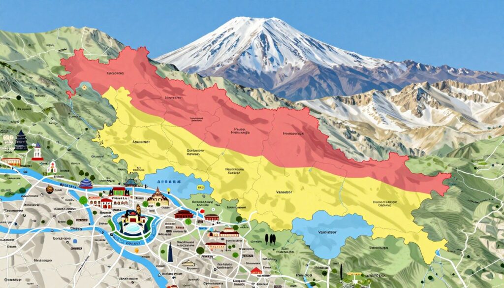 A detailed and vibrant map of Armenia showcasing its administrative divisions and major cities. In the foreground, include an illustration of the capital city, Yerevan, with notable landmarks like the Republic Square and the Cascade Complex, surrounded by colorful representations of other cities like Gyumri and Vanadzor. The middle layer features clear delineation of administrative regions with distinct colors and labeled boundaries. In the background, a stylized topographical representation of Armenia’s mountainous terrain and iconic Mount Ararat under a bright blue sky. Soft, natural lighting enhances the map’s features, creating an inviting and informative atmosphere, ideal for educational purposes. The composition is clean and organized without text or distractions. A detailed and vibrant map of Armenia showcasing its administrative divisions and major cities. In the foreground, include an illustration of the capital city, Yerevan, with notable landmarks like the Republic Square and the Cascade Complex, surrounded by colorful representations of other cities like Gyumri and Vanadzor. The middle layer features clear delineation of administrative regions with distinct colors and labeled boundaries. In the background, a stylized topographical representation of Armenia’s mountainous terrain and iconic Mount Ararat under a bright blue sky. Soft, natural lighting enhances the map’s features, creating an inviting and informative atmosphere, ideal for educational purposes. The composition is clean and organized without text or distractions.