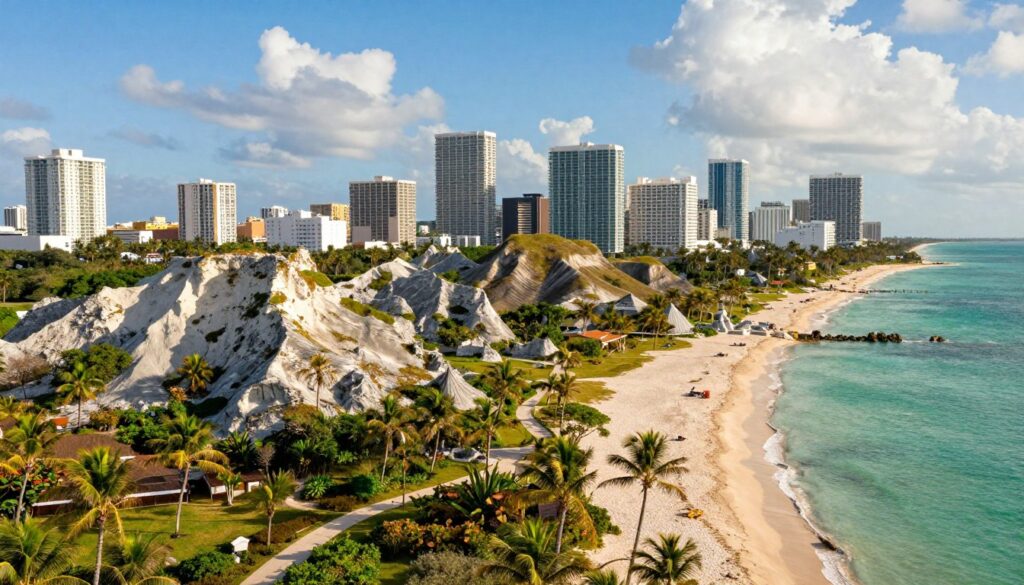 A detailed geological landscape of Miami, showcasing the city's unique terrain. In the foreground, vibrant coastal vegetation and palm trees frame sandy beach areas, leading towards the crystalline waters of the Atlantic Ocean. In the middle, the striking limestone formations and subtle hills create a rich texture, highlighting the area's geological history. The background features a skyline of modern Miami architecture against a bright blue sky with soft, fluffy clouds, illustrating the blend of urban life and natural beauty. The scene is soaked in warm sunlight, casting gentle shadows and enhancing the colors of the landscape. Capture the atmosphere of Miami’s diverse geology, with a perspective that feels inviting and educational, providing a sense of place. A detailed geological landscape of Miami, showcasing the city's unique terrain. In the foreground, vibrant coastal vegetation and palm trees frame sandy beach areas, leading towards the crystalline waters of the Atlantic Ocean. In the middle, the striking limestone formations and subtle hills create a rich texture, highlighting the area's geological history. The background features a skyline of modern Miami architecture against a bright blue sky with soft, fluffy clouds, illustrating the blend of urban life and natural beauty. The scene is soaked in warm sunlight, casting gentle shadows and enhancing the colors of the landscape. Capture the atmosphere of Miami’s diverse geology, with a perspective that feels inviting and educational, providing a sense of place.