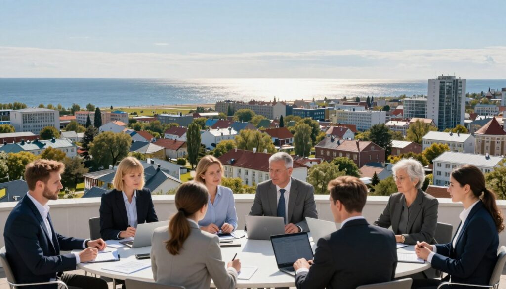 A detailed overview illustrating the demographics and social structure of the Kaliningrad region. In the foreground, include a diverse group of professionals in a modern setting, engaging in discussions or analyzing data, dressed in smart business attire. The middle ground features a mix of urban and rural landscapes, showcasing a blend of contemporary buildings and traditional architecture, representing the region's cultural history. In the background, the Baltic Sea glimmers under a clear blue sky, reflecting sunlight that creates a warm and inviting atmosphere. The image should be captured with a slight aerial perspective to encompass both the people and the landscape, emphasizing a harmonious and interconnected community. The overall mood should convey a sense of progress and cultural richness within the demographic context.