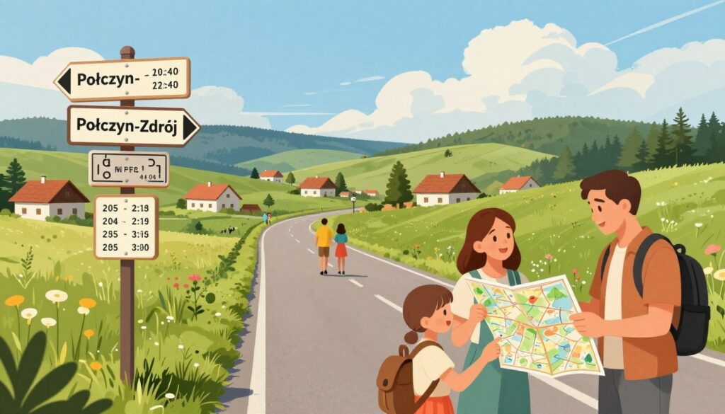 A detailed travel guide illustration featuring a scenic road leading to Połczyn-Zdrój, with clear signposts indicating directions and distances to the town. In the foreground, a family dressed in modest casual clothing consults a map, excitedly discussing their journey. The middle ground shows a lush, green landscape dotted with traditional Polish houses and a few tourists enjoying the area. The background depicts gentle hills and a clear blue sky with fluffy clouds, creating a serene atmosphere. The lighting is warm, suggesting a sunny day that brings a sense of optimism for travelers. The image captures the essence of practicality and adventure, encouraging visitors to explore this spa town. A detailed travel guide illustration featuring a scenic road leading to Połczyn-Zdrój, with clear signposts indicating directions and distances to the town. In the foreground, a family dressed in modest casual clothing consults a map, excitedly discussing their journey. The middle ground shows a lush, green landscape dotted with traditional Polish houses and a few tourists enjoying the area. The background depicts gentle hills and a clear blue sky with fluffy clouds, creating a serene atmosphere. The lighting is warm, suggesting a sunny day that brings a sense of optimism for travelers. The image captures the essence of practicality and adventure, encouraging visitors to explore this spa town.