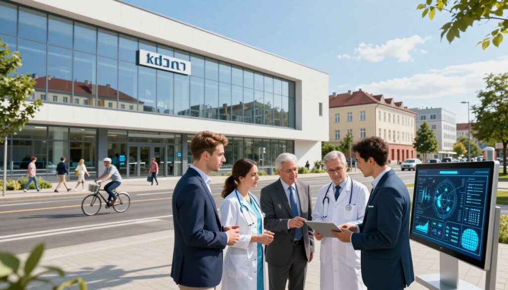 A detailed view of a modern medical facility in Siedlce, featuring a clean, well-organized exterior with large glass windows reflecting the surrounding urban landscape. In the foreground, show a diverse group of healthcare professionals in professional business attire, discussing plans and pointing towards a digital health map displayed on a tablet. The middle ground includes a bustling street with pedestrians and cyclists, indicating a lively community. The background features a skyline with traditional Polish architecture blended with modern buildings, under a clear blue sky with soft sunlight casting gentle shadows. The atmosphere is one of safety, collaboration, and community health awareness. Opt for a vibrant color palette to evoke optimism and trust in medical infrastructure.