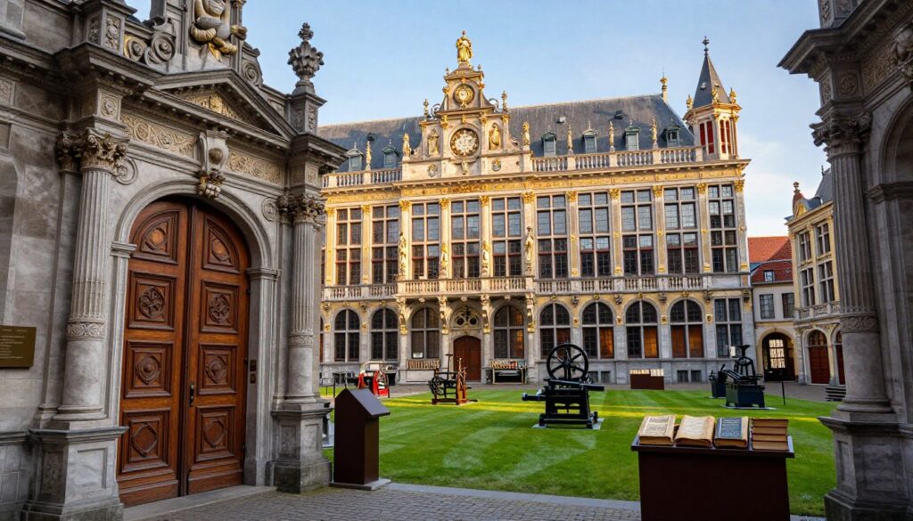 A detailed view of the Muzeum Plantin-Moretus in Antwerp, Belgium, showcasing its stunning Renaissance architecture. The foreground features the museum's ornate entrance, with intricate wooden doors flanked by beautifully designed stone columns and engravings. In the middle ground, the lush green courtyard is filled with historical printing presses and displays of old books, illuminated by soft, warm sunlight. The background presents the magnificent facade of the building, adorned with decorative sculptures and large windows, under a clear blue sky. The mood is peaceful and inviting, encapsulating the richness of history and culture. Use a wide-angle lens to capture the full grandeur of the museum and emphasize its significance as a UNESCO World Heritage site. A detailed view of the Muzeum Plantin-Moretus in Antwerp, Belgium, showcasing its stunning Renaissance architecture. The foreground features the museum's ornate entrance, with intricate wooden doors flanked by beautifully designed stone columns and engravings. In the middle ground, the lush green courtyard is filled with historical printing presses and displays of old books, illuminated by soft, warm sunlight. The background presents the magnificent facade of the building, adorned with decorative sculptures and large windows, under a clear blue sky. The mood is peaceful and inviting, encapsulating the richness of history and culture. Use a wide-angle lens to capture the full grandeur of the museum and emphasize its significance as a UNESCO World Heritage site.